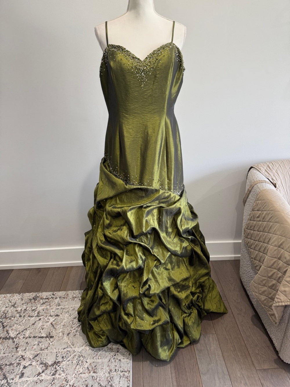 Y2K Olive Green Ball Gown Silver Gem Formal Dress Maggie Sottero - Picture 2 of 10